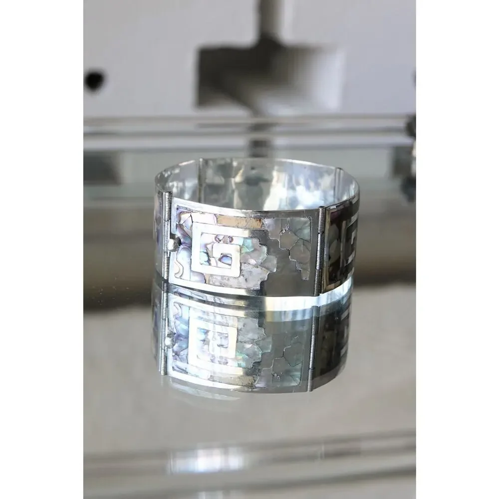 Vintage Sterling Silver Greek Key Abalone Cuff Bracelet, Mexico